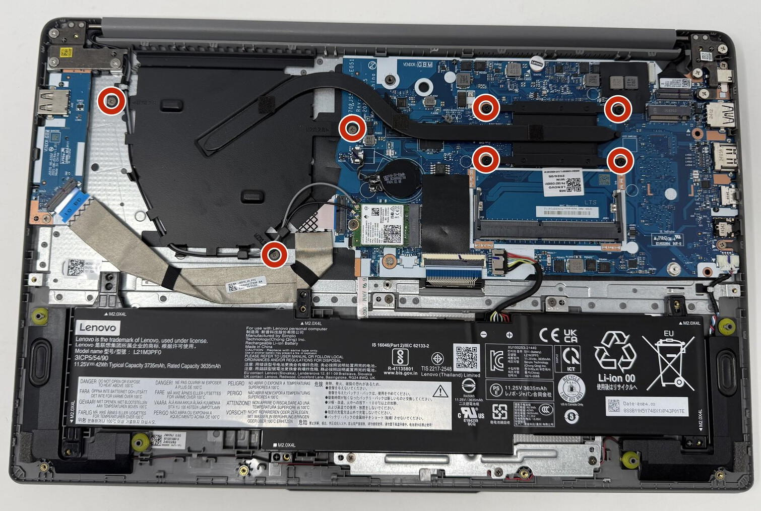 Internal Photo of Lenovo IdeaPad 1-15ADA7, 1-15ALC7, 1-15IAU7, 1-15IJL7, 1-15IRU7, gray backlit F10 lock US keyboard (IdeaPad 1-15IJL7)